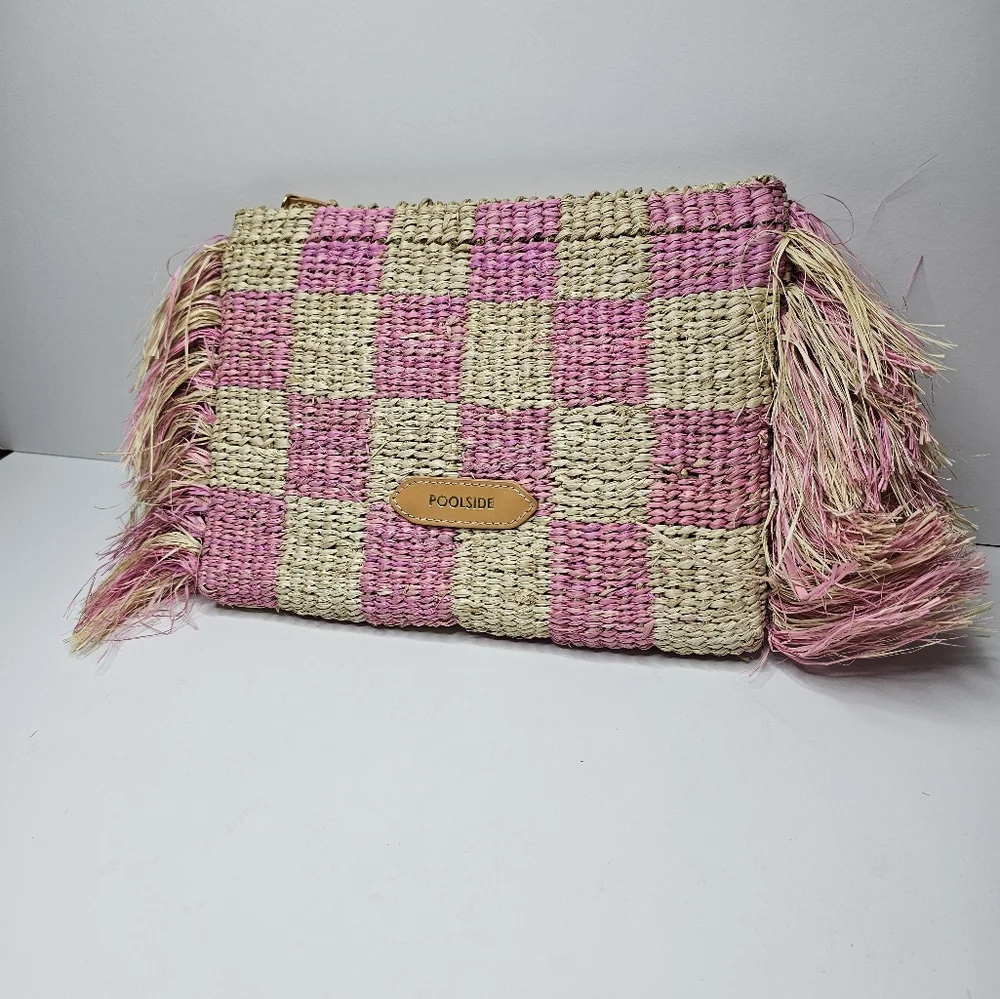 Poolside Clutch Natural/Pink Checkered Fringe Clutch Straw NWT Upcycled Organic - Picture 1 of 13